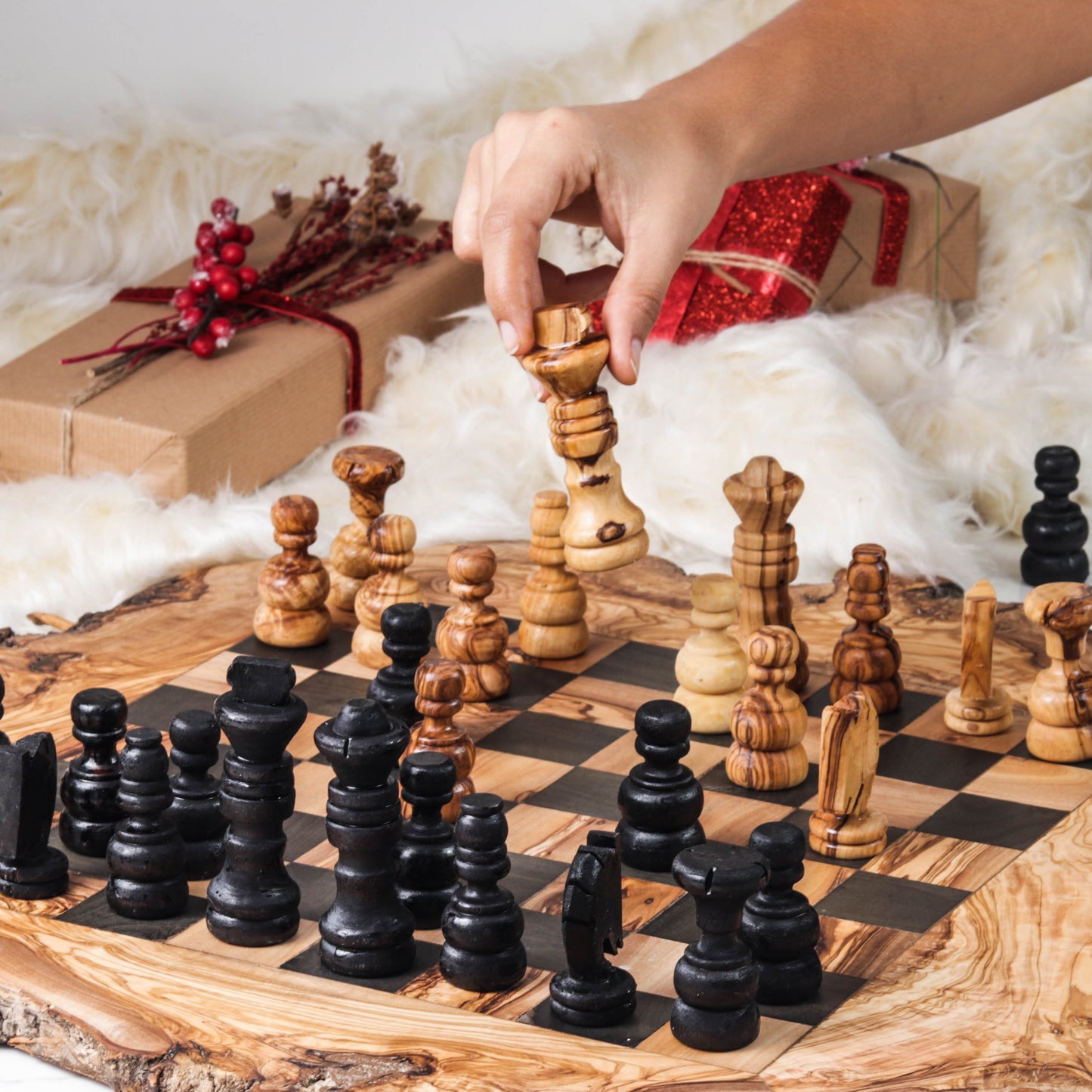 Artisanal Olive Wood Chess Set with Natural Bark Edge