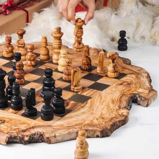 Artisanal Olive Wood Chess Set with Natural Bark Edge